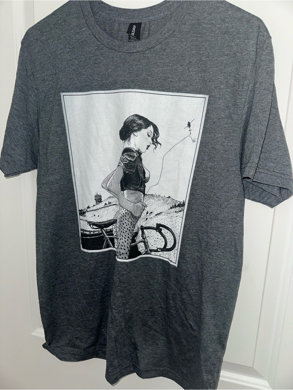 Gildan Gray Tee with Black-and-White Scenic Illustration